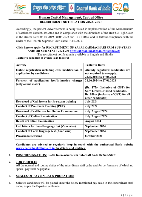 CENTRAL BANK OF INDIA NOTIFICATION 2024